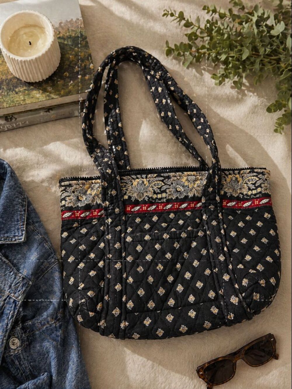 Rare Vtg Black Floral Vera Bradley Classic Medium Tote Quilted Retired 2002